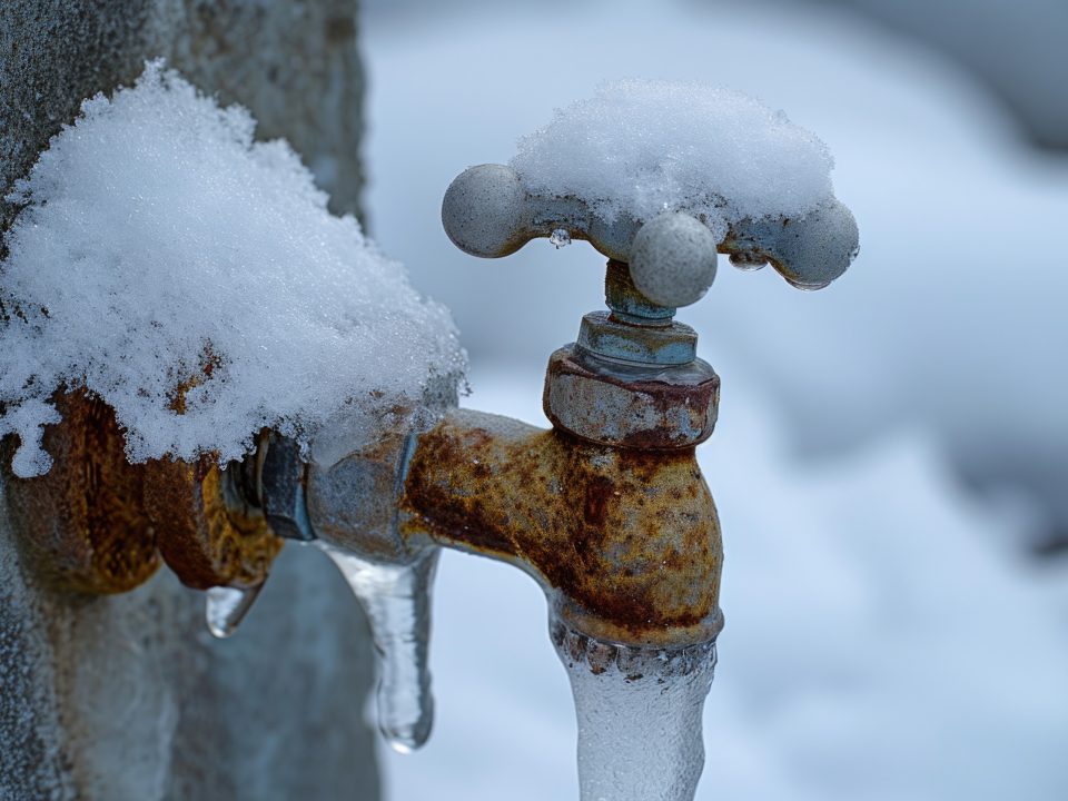 Outdoor water spigot covered in ice and snow