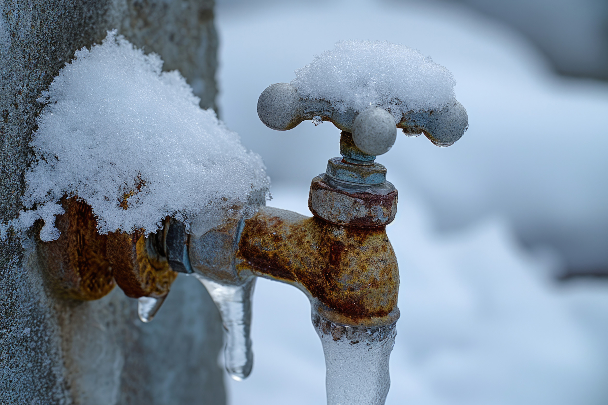 Outdoor water spigot covered in ice and snow
